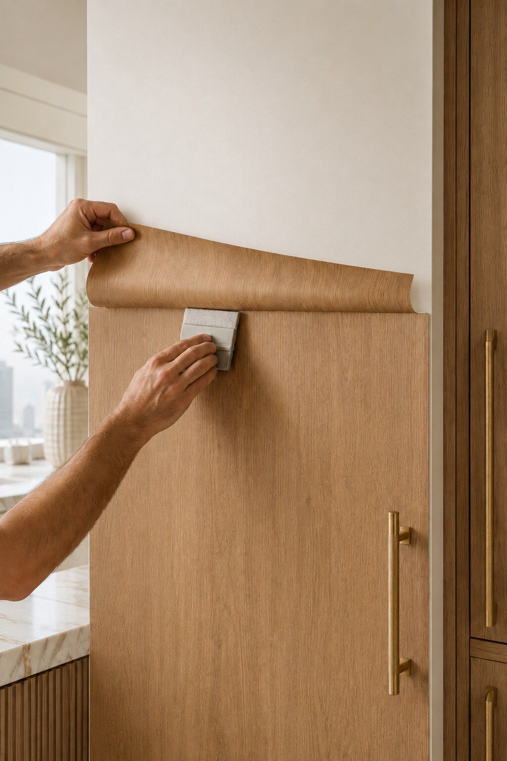 Premium wood-grain vinyl wrap being applied to a modern kitchen cabinet