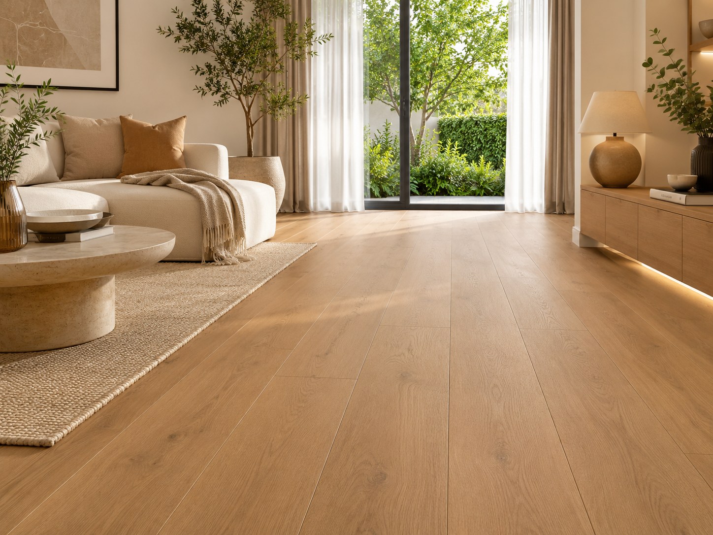 LVT in Dune, a warm oak straight plank, in a bright living room