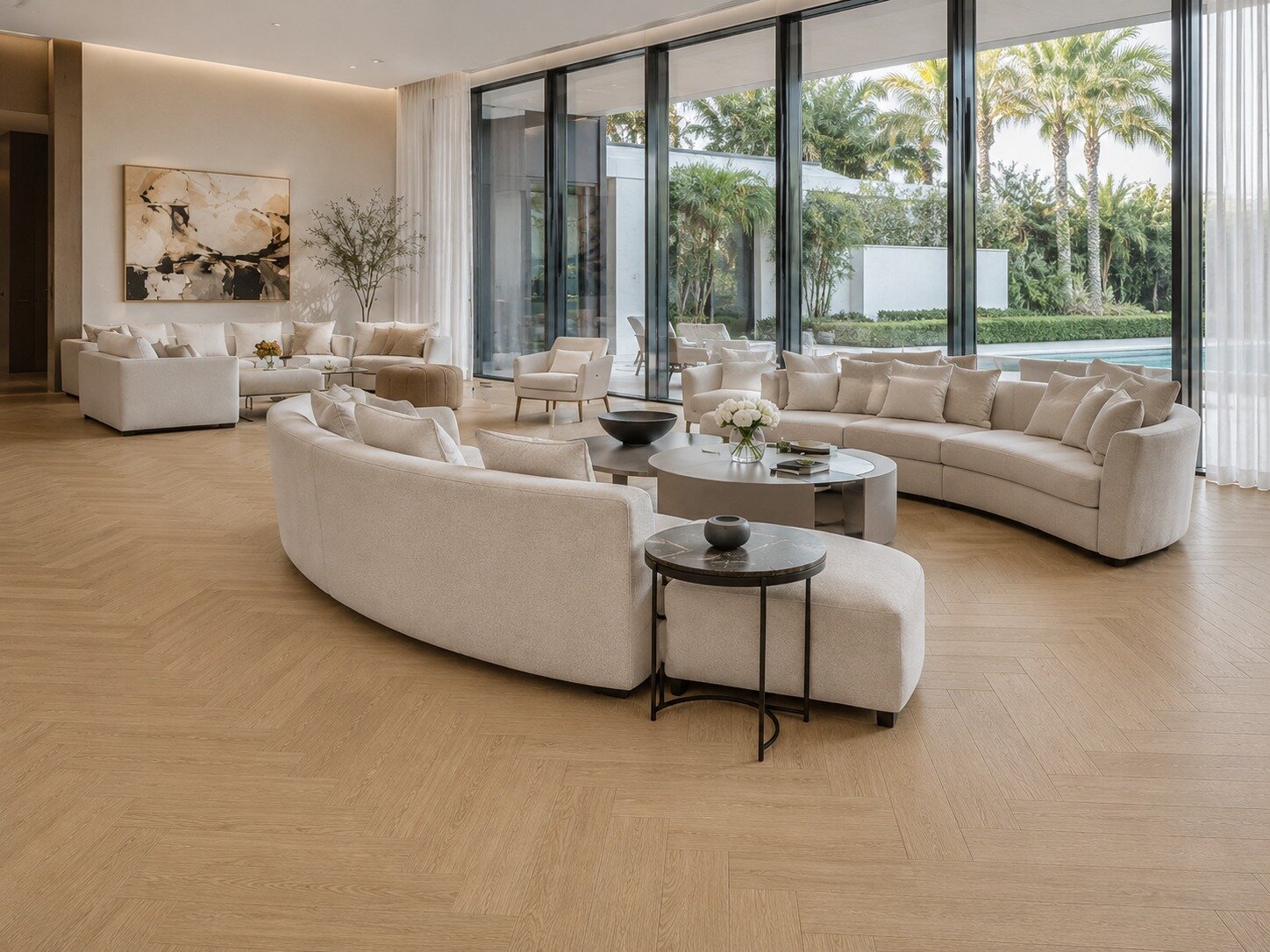 Light oak herringbone in a serene curved-sofa living room