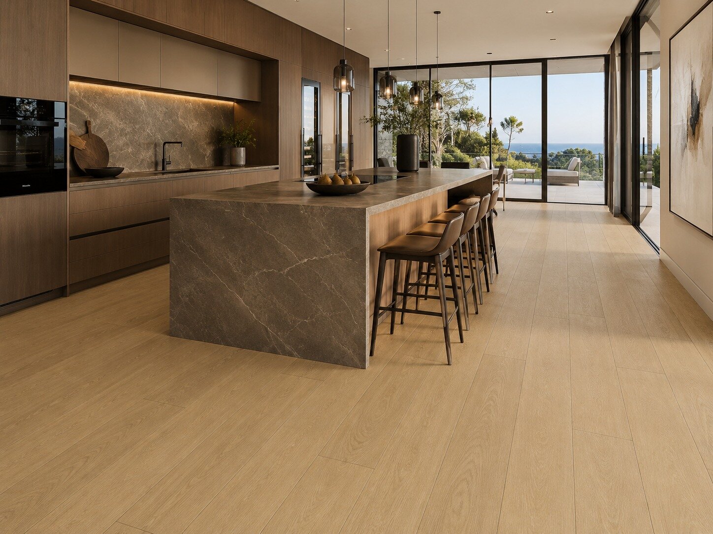 LVT in a contemporary kitchen with stone island and ocean view