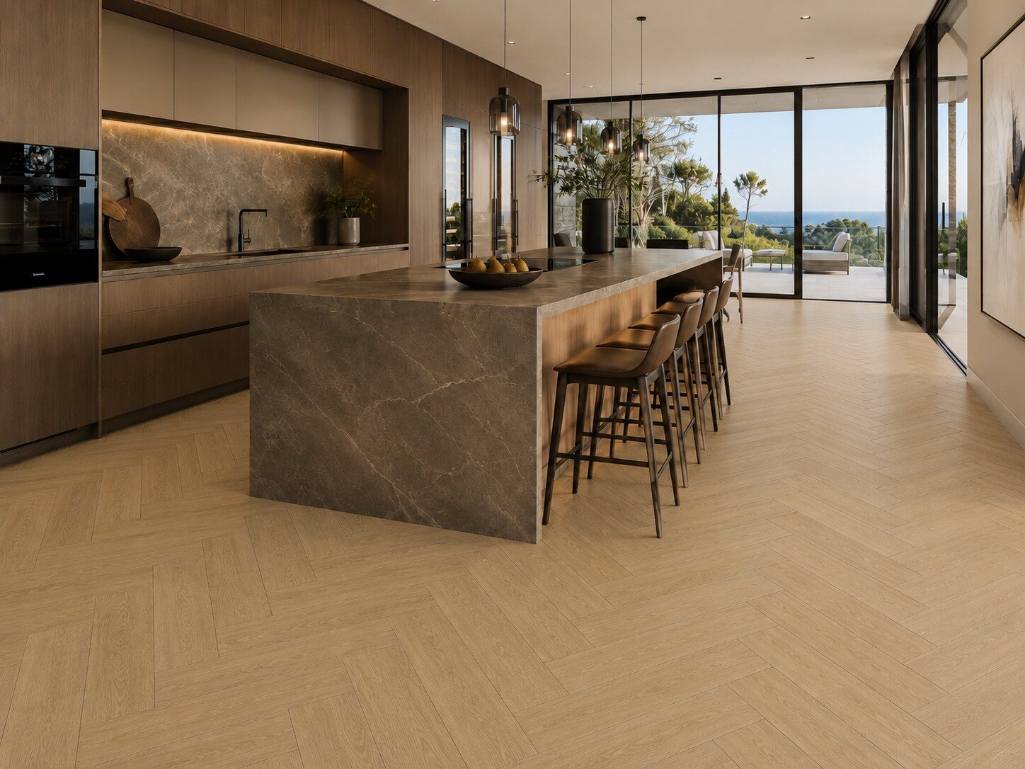 Light oak herringbone in a hilltop kitchen overlooking the sea