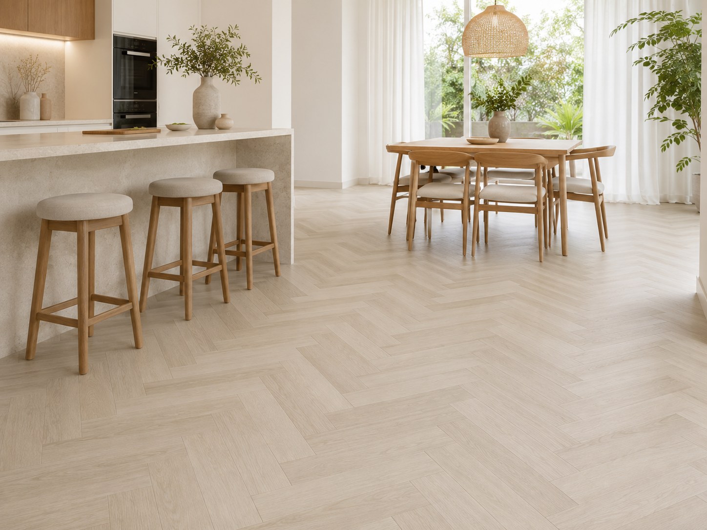 SPC in Casablanca herringbone, a pale chalky oak, in a bright kitchen and dining space
